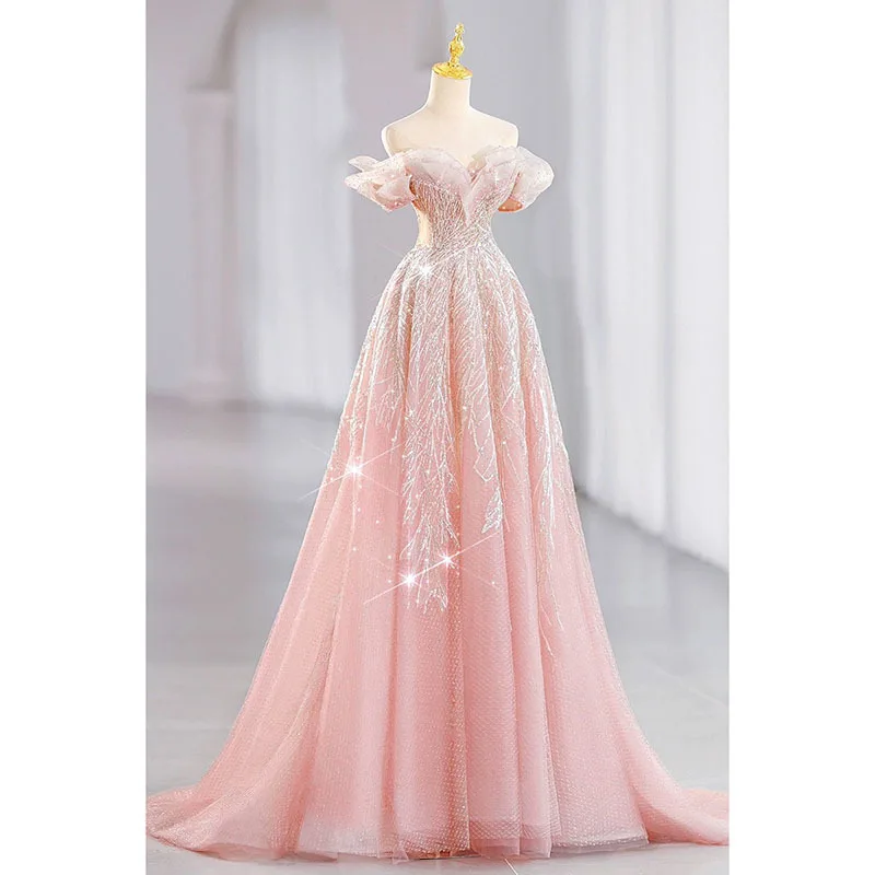 

Dreamy Pink Fleeing Princess Evening Gown Women's High-End Luxury Engagement Toasting Dress Bride Long Dress