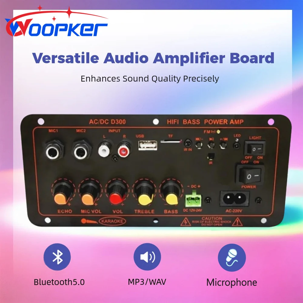 Woopker Power Amplifier Board D300 Audio Amplification Board 600W Bluetooth 5.0 Dual Microphones Support USB/TF/AUX/FM Radio