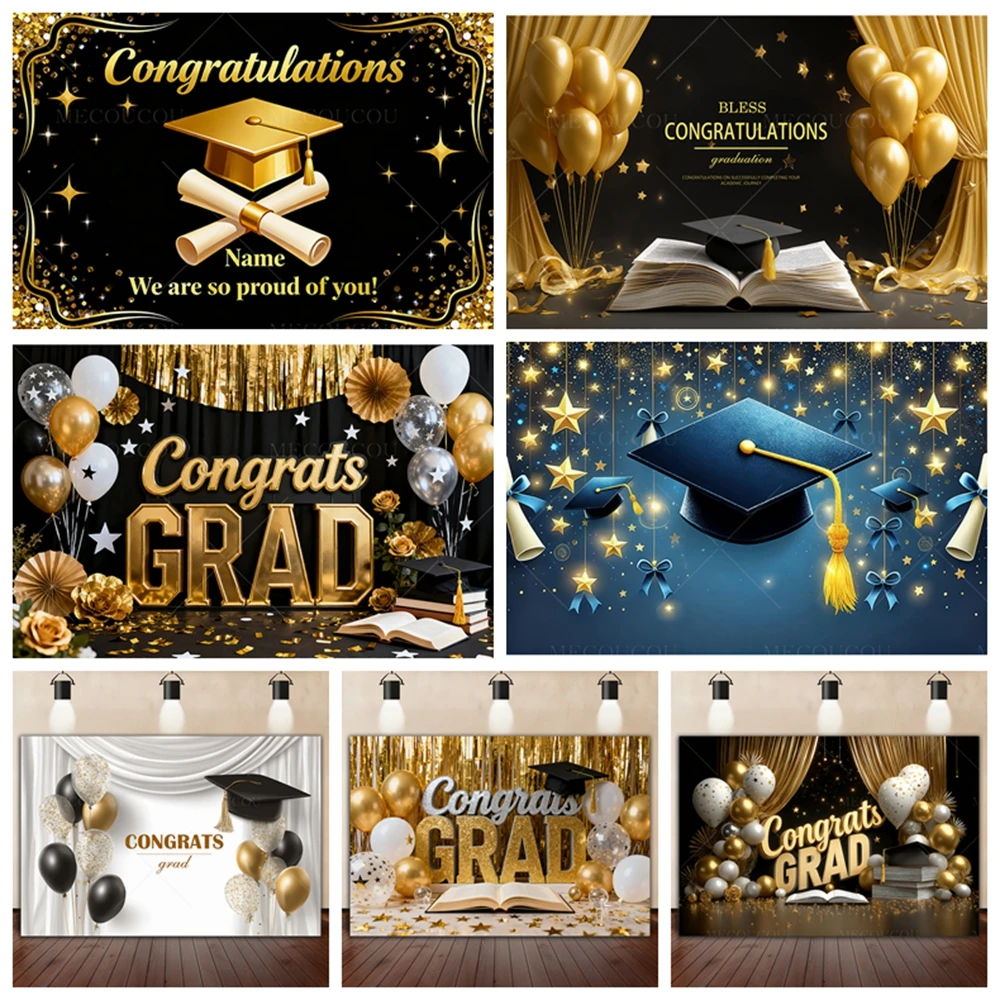 

Black Gold Graduation Season Backdrop Book Star Tassel Decoration Graduate Party Photography Background Banner Customizable Name