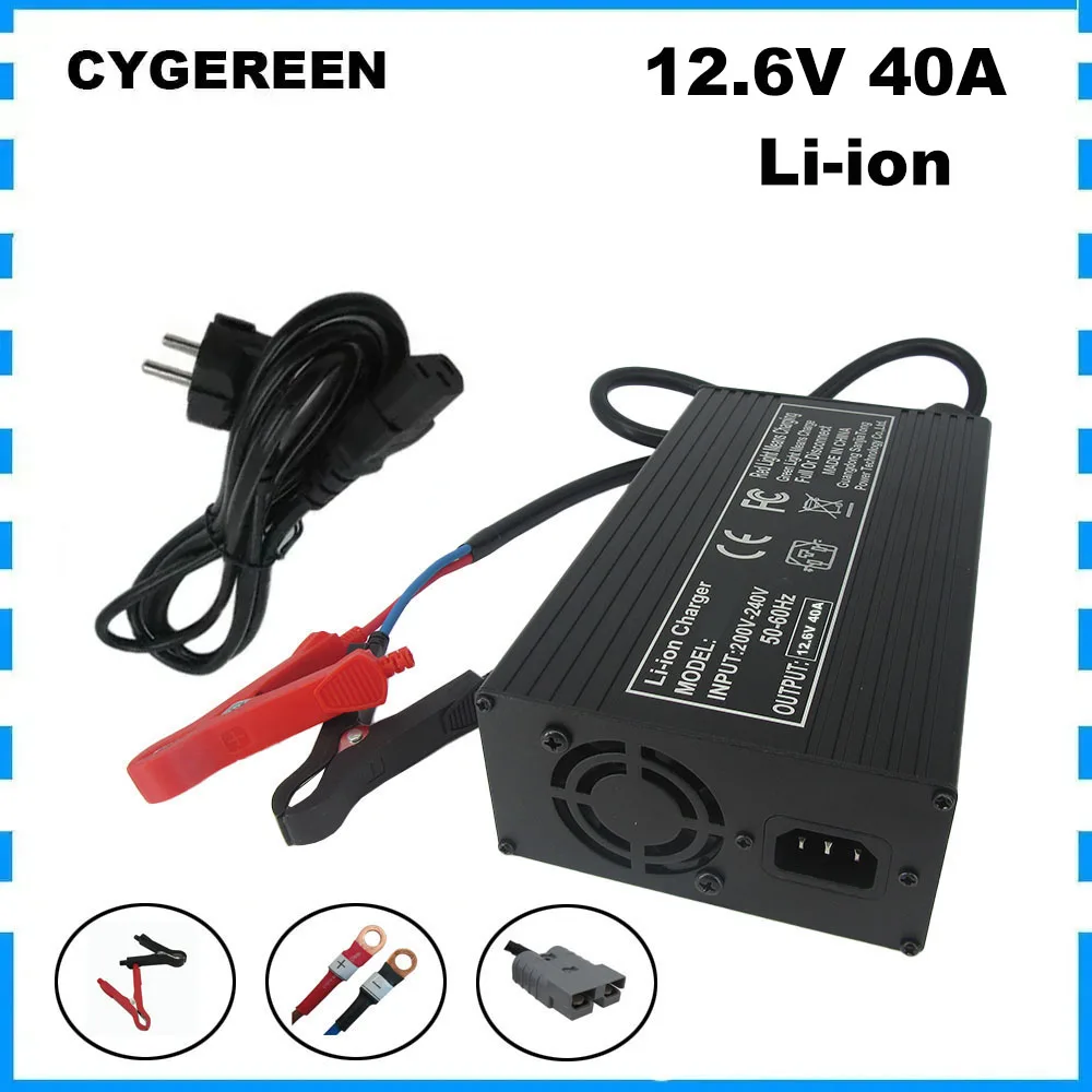 12V 40A Li-ion Fast Charger 3S 12.6V Lithium Solar System RV Battery Charger 220V Copper Nose M8 Alligator Clip SB120 Connector