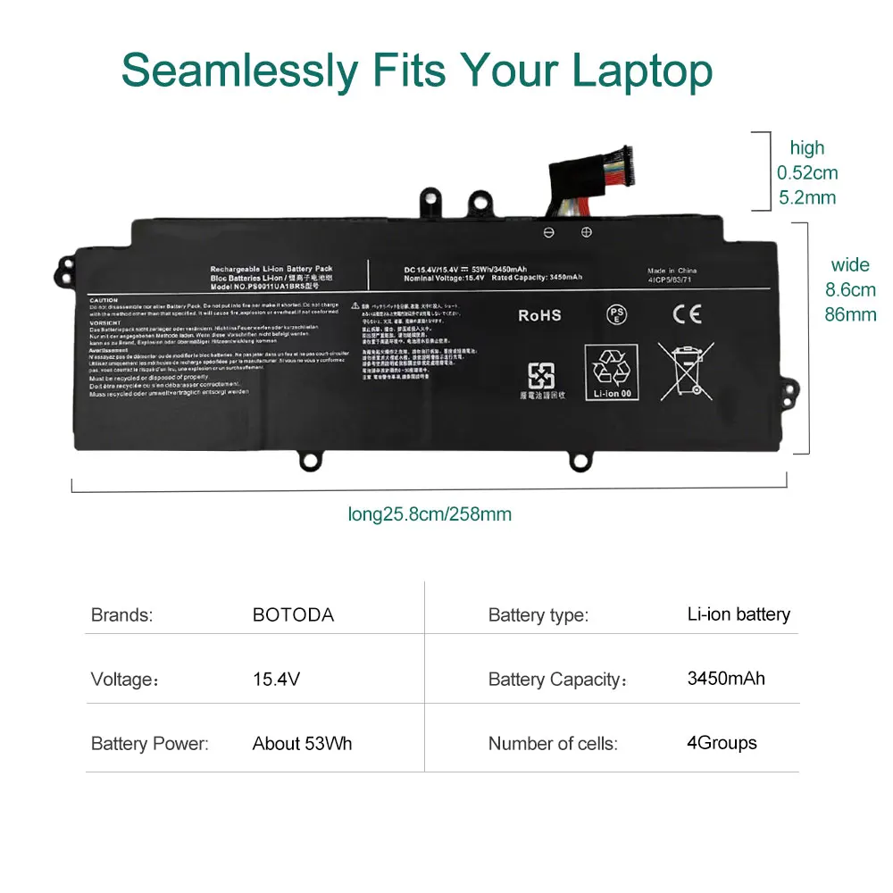 BOTODA PS0011UA1BRS Laptop Battery 15.4V 53Wh -3450mAh For Toshiba Dynabook Portege X30L-J PCR12U PCR10A-009003 PCR10L-13L011