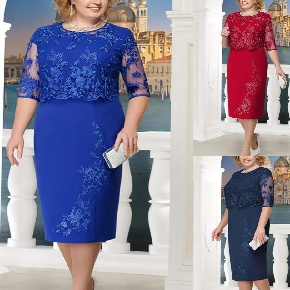 

Women Dress Knee Length Dresses Lace Floral Round Neck Fake Two Pieces Half Sleeve Elegant Party Casual High Waist Vestidos