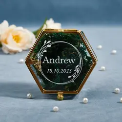 Hexagon Glass Ring Box with Moss Gold or Rose Gold Personalized Ring Box for Wedding Ceremony Modern Ring Holder for Engagements