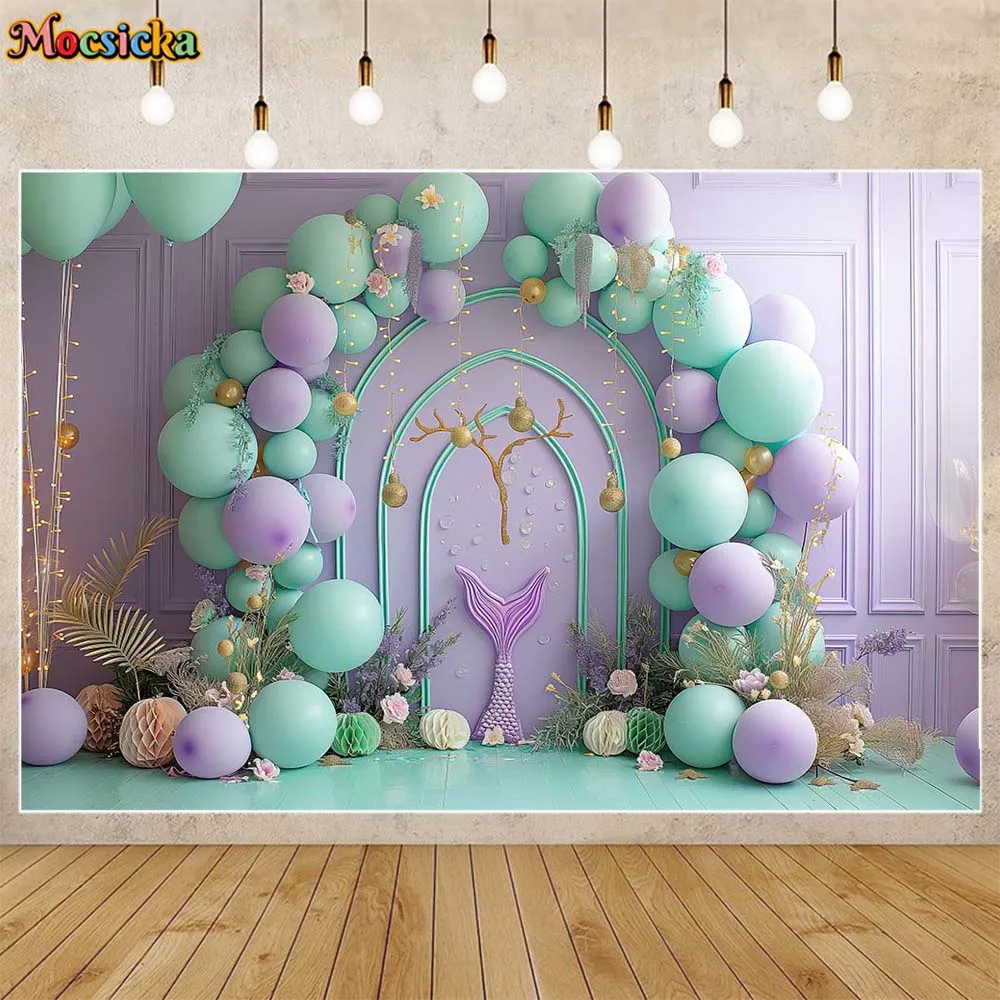 

Mocsicka Mermaid Princess Girl Photography Background Purple Wall Arch Balloon Baby 1st Birthday Cake Smash Party Decor Backdrop