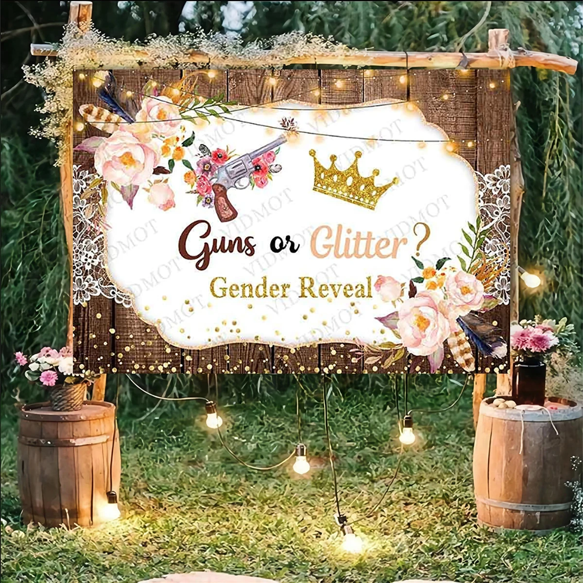 Guns Or Glitter Gender Reveal Backdrop Wooden Style Party Baby Shower Banner for Outside Decorations Supplies She Or He Guess