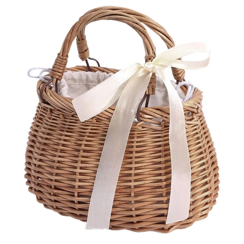 

Wicker Flower Basket Round Shape Material Storage Container Home Decor Garden Plant Tote Bag Woven Beach Bag Rural Style