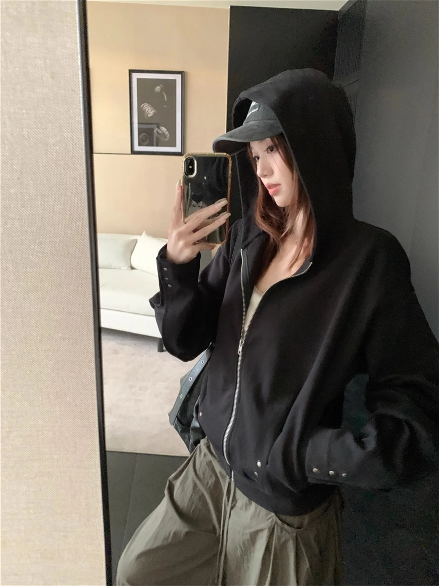 الرجعية الأمريكية حار فتاة تصميم تحسس برشام هوديي Jaet المرأة ربيع الخريف فضفاضة كسول عادية مفتوحة سترة أعلى #2