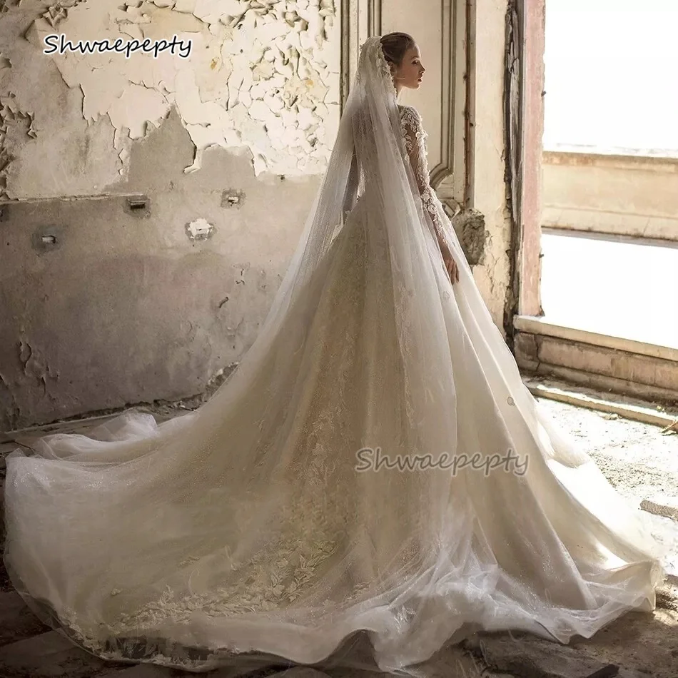 Gaun Pengantin Lengan Panjang Gading Romantis Gaun Pengantin Tulle Kerah V Applique Renda 2025 Jubah Kereta Pengadilan De Mariee Disesuaikan