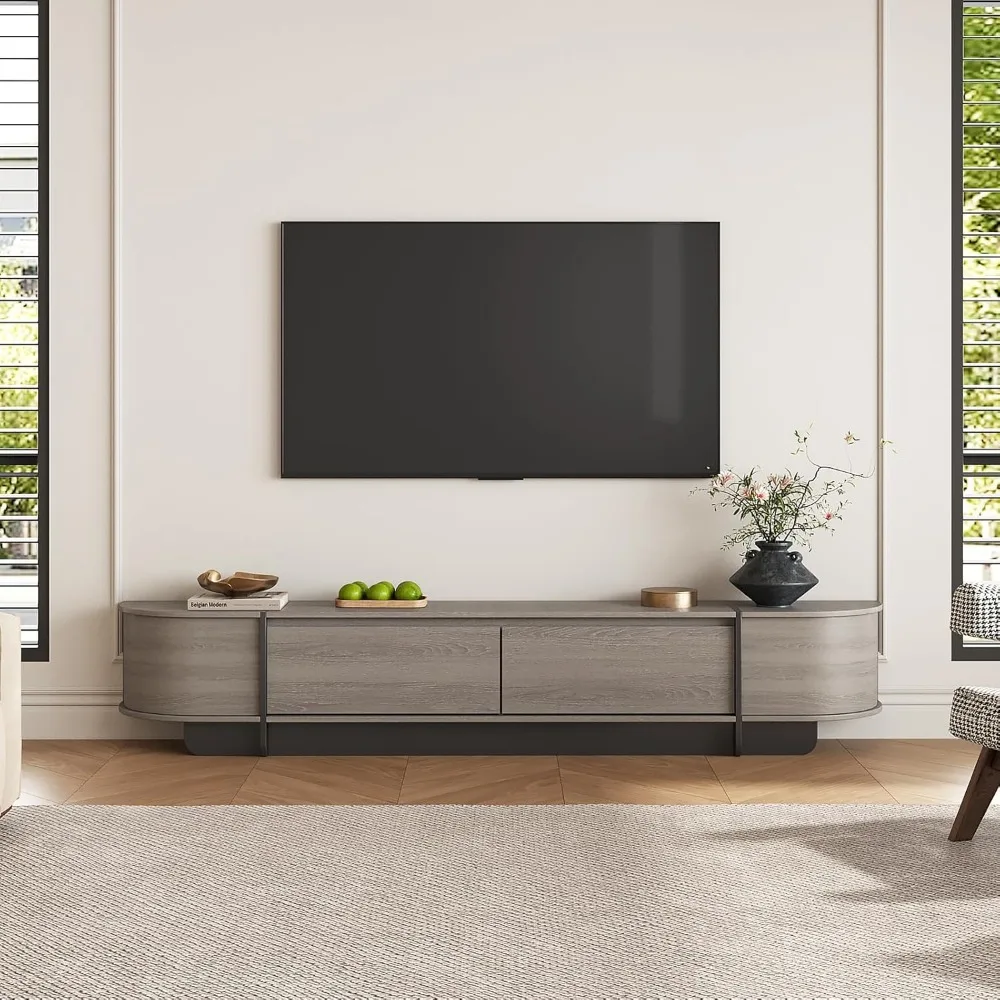 مركز ترفيه حديث كبير للتخزين لأجهزة التلفاز مقاس 55-85 بوصة، وحدة تحكم تلفزيون خشبية طويلة مع أدراج، تصميم منحني