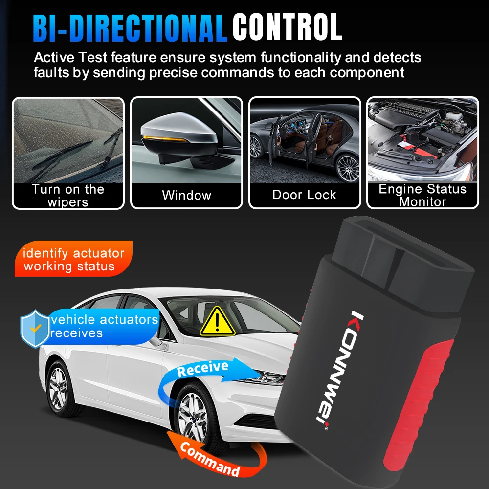 

Автосканер KONNWEi OBD2 с Bluetooth-подключением, управлением через приложение, функциями сброса EPB/DPF/OiL/BMS, просмотром кодов неисправностей, инструмент для диагностики автомобиля по OBD.