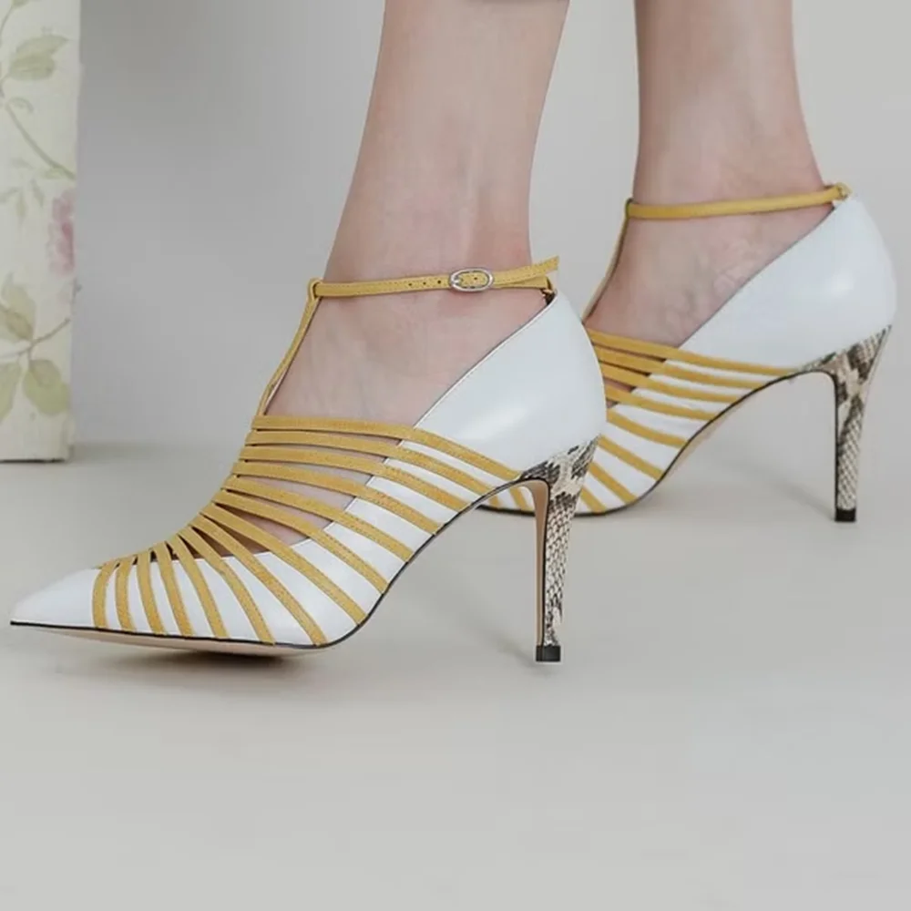 

Желтые туфли-лодочки на высоком каблуке в стиле пэчворк с Т-образным ремешком, пикантные туфли с острым носком и открытой пяткой, новые поступления по индивидуальному заказу, модная женская современная обувь