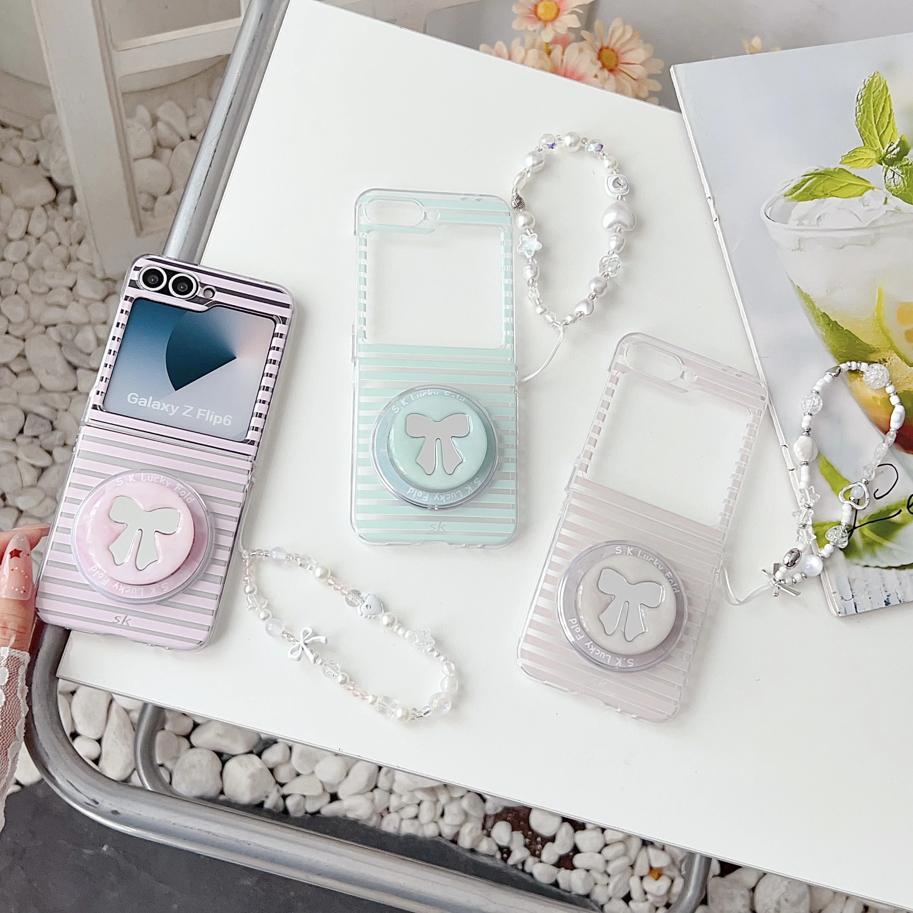 Back Cover For Samsung Galaxy Z Flip 7 6 5 Case Stripe Bowknot Bracket Magnetic Attraction Bracelet Wristband Chain Phone Case