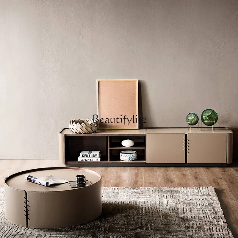 Italian minimalist round coffee table TV cabinet creative high-end saddle leather simple modern light luxury style