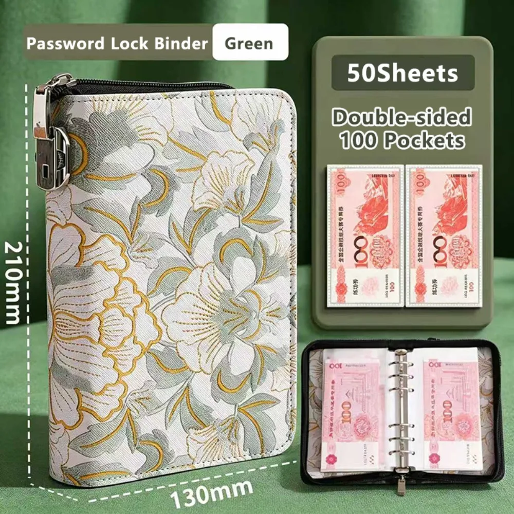 

PU Leather Money Savings Binder A6 with Password Lock Cash Storage Book Peony Pattern Large Capacity Money Organizer Album