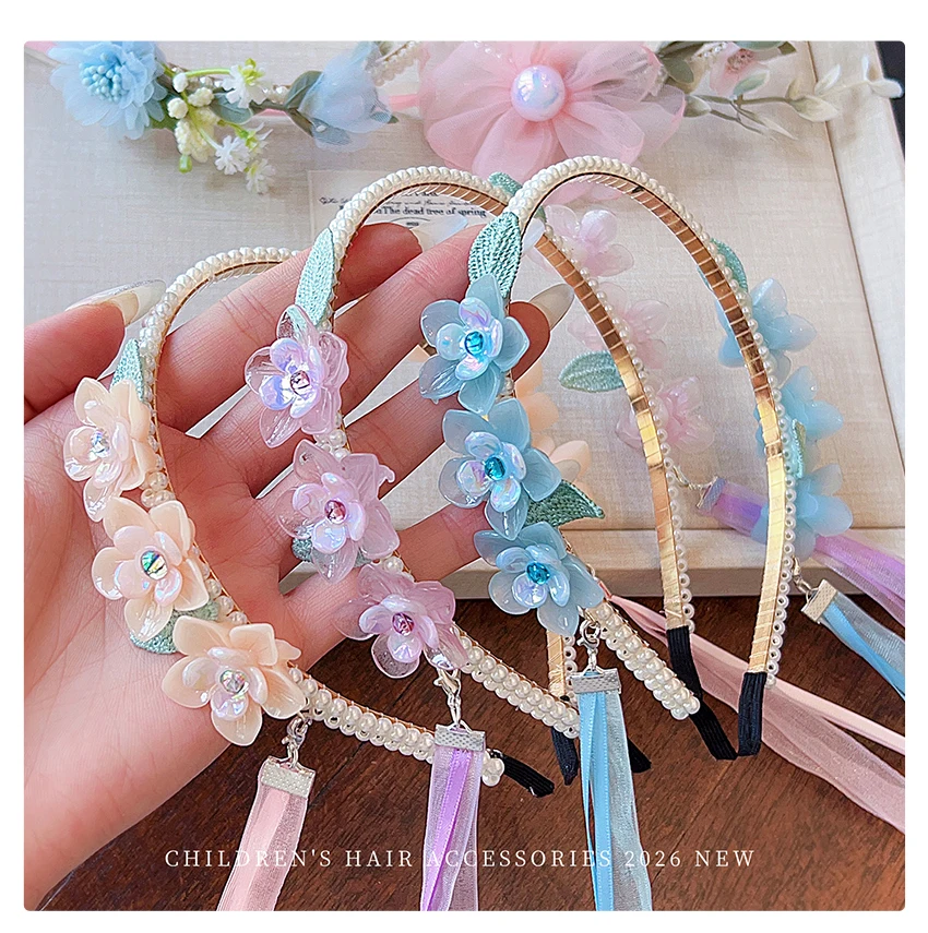 2026 Mädchen Perlenblumen-Haarreif mit abnehmbarem Bandquasten, chinesischer Hanfu-Stil, Haarband mit simulierten Blumen und Schmetterlingen – Detail 2
