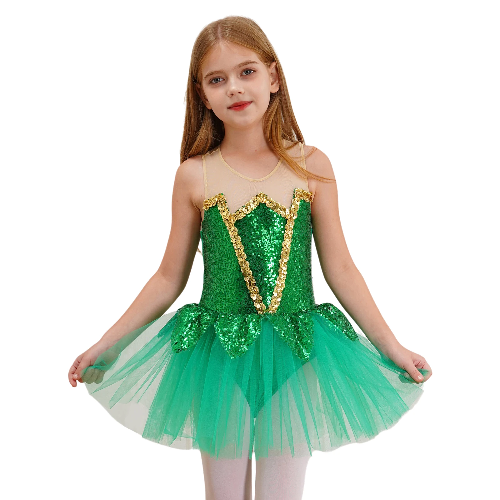 Ballerina Elf Fairy Prom Party Costume Kids Sequined Flower Dress Girls Dance Wear Gymnastic Ballet Leotard Tutu Dress