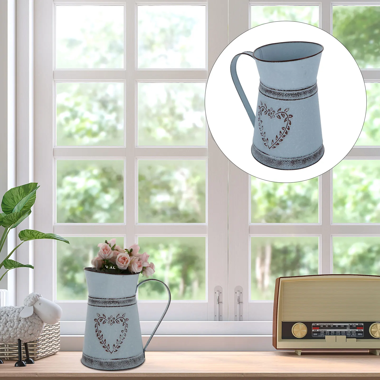 

1pc Kettle Shape Heart Pattern Metal Flower Bouquets Arrangement Vase Iron Pot Vintage Style Tabletop Decorative Flower Vase For