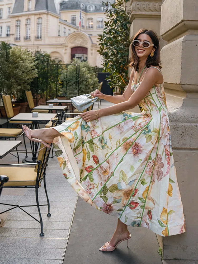 long dresses for slim ladies Women's Evening Dresses Printed Waist Cinching Big Skirt Slip Long Dress  Street Lady Sleeveless Backless Slim Beachwear Clubwear