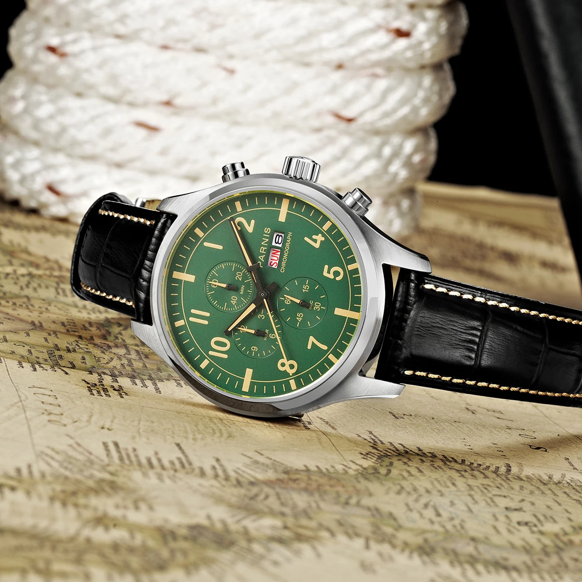 Parnis 43mm Green Dial Quartz Watch Chronograph Calendar 100m Waterproof Leather Strap Men Wristwatch With Box Gift 2024 Clock