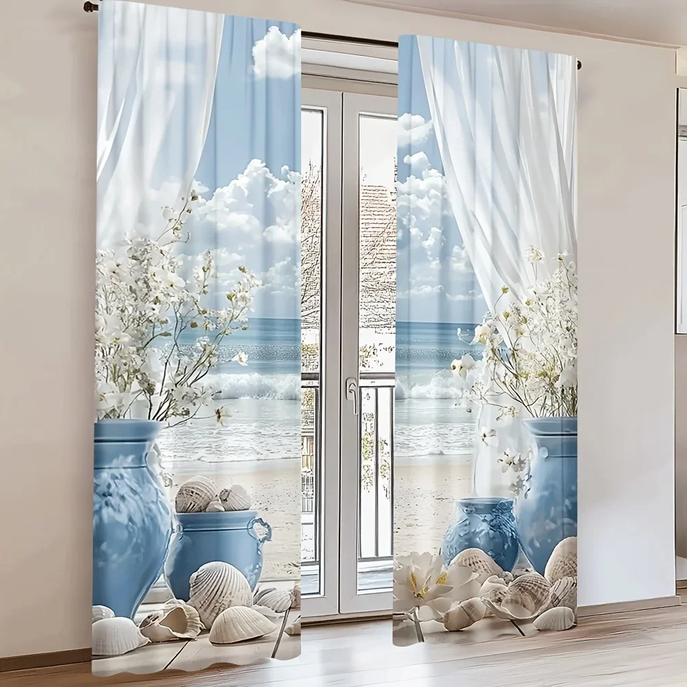 

Coastal Beach Scene with Seashells Print Drapes Room Darkening Window Curtains Home Decor,Rod Pocket Blackout Curtains Bedroom