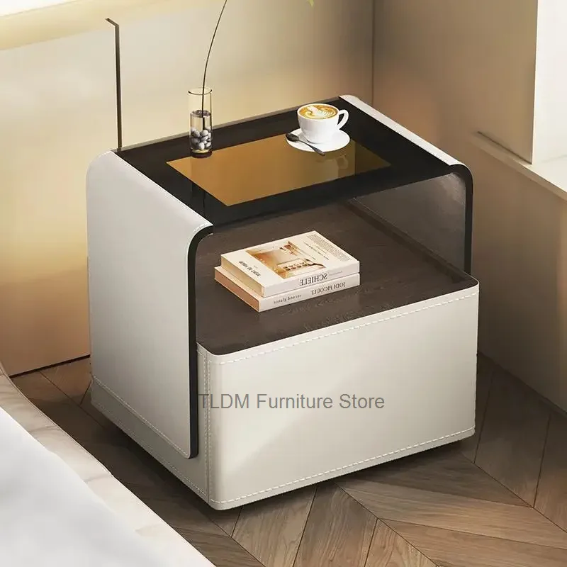 Modern Two-Tier Nightstand with Leather High Gloss Top and Open Storage Shelf Luxury Bedside Table for Bedroom Living Room