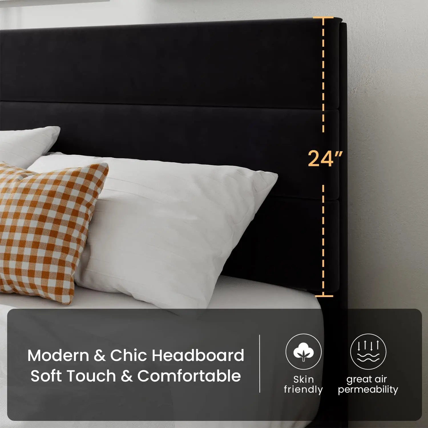 King Platform Bed Frame with Velvet Headboard, Strong Wooden Slats Support, No Box Spring Needed, Black