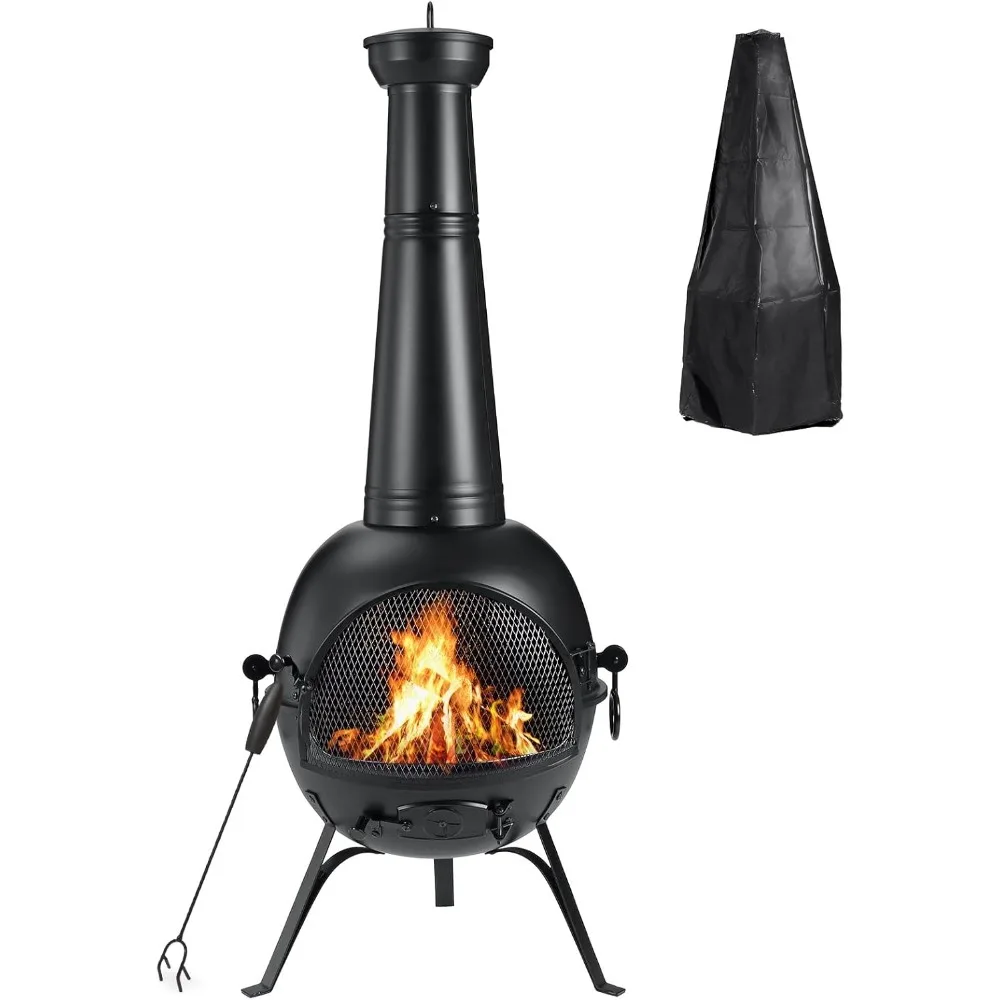 Outdoor Chiminea Fireplace Deck or Patio Backyard Wooden Fire Pit with Chiminea Cover Rust-Free Iron Black