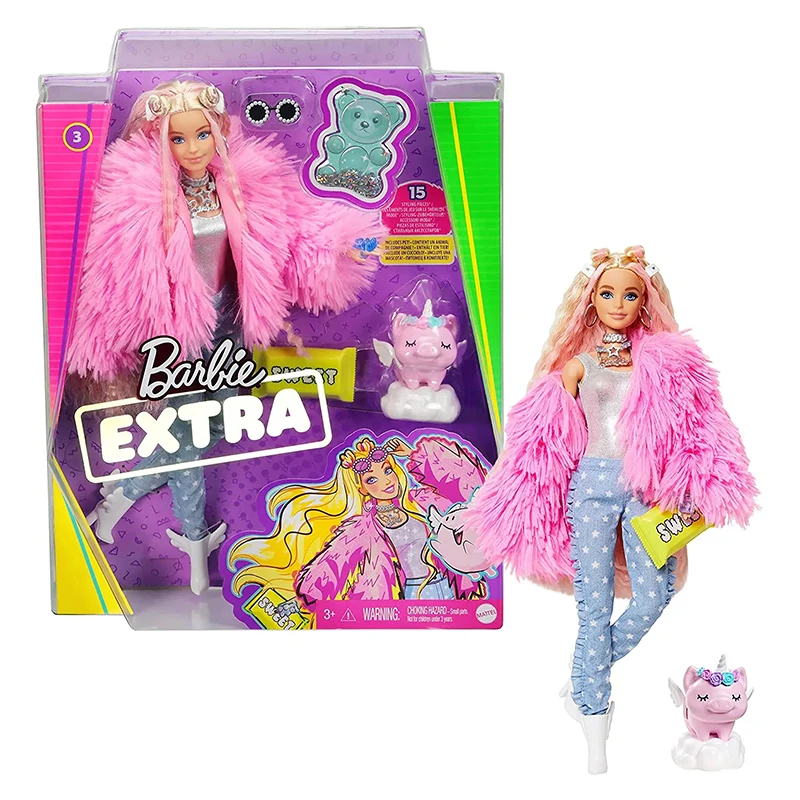 Barbie Extra Doll with Pink-Streaked Blonde Crimped Hair in Fluffy Pink Coat with Pet Unicorn-Pig Toy for Girls Gift GRN28