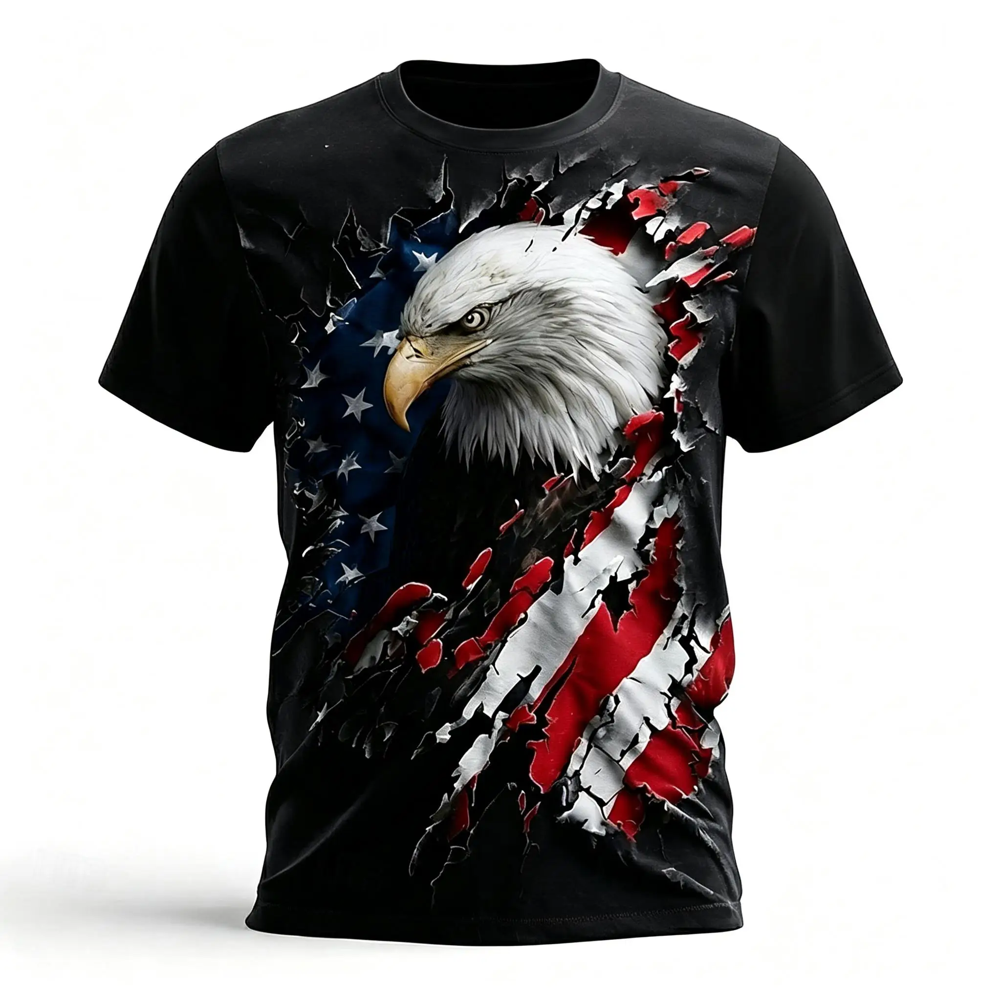 Men's 3D Ripped Print Short Sleeve T-Shirt Crew Neck Animal Flag Graphic Casual Streetwear Summer Tee Multi Styles