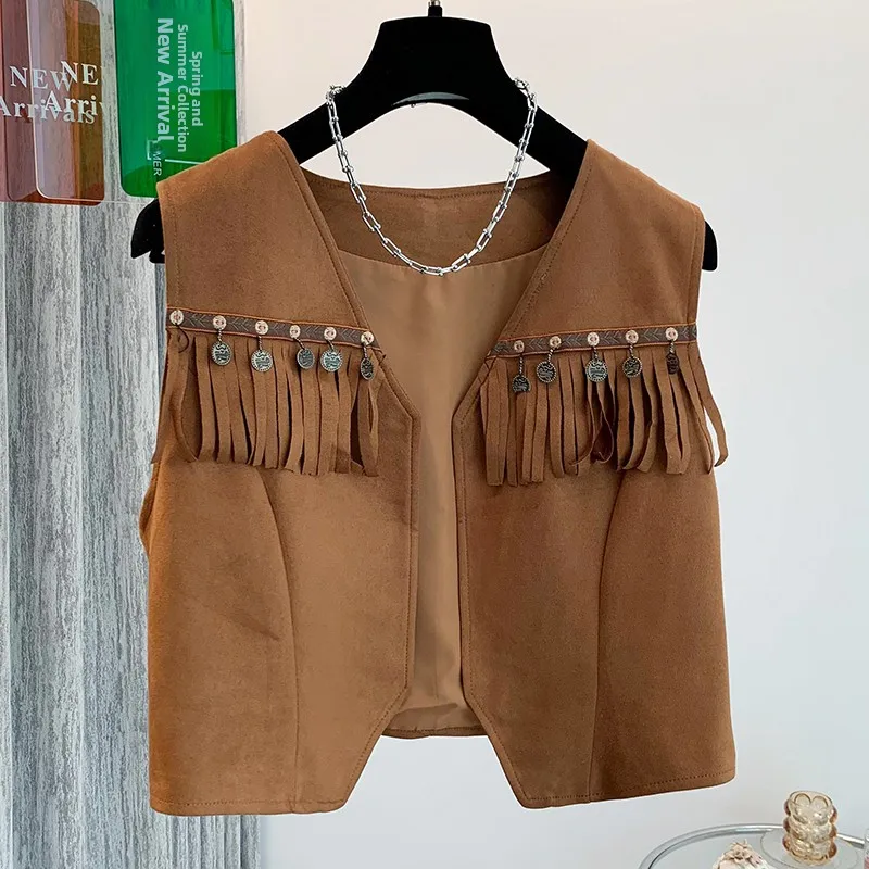 

Heavy Industry n Fringed Sequin Vest Layering Outerwear Retro Small oulder Pad for Ci Commuting And Travel
