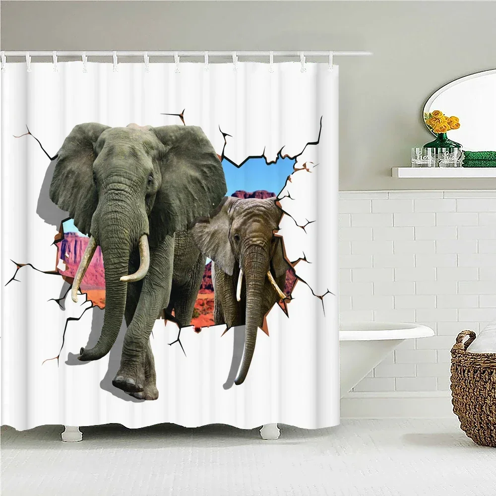 Funny Animal Shower Curtains Tiger Cat Dog Elephant Horse Bath Curtain Waterproof Fabric 180X180cm Bathroom Decor With 12 Hooks