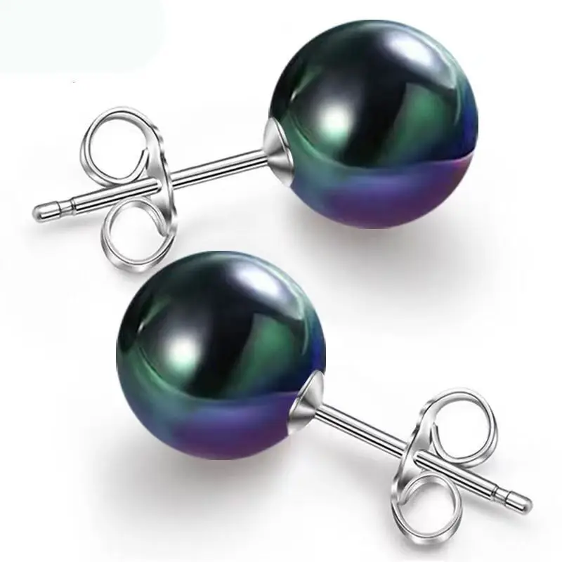 

Pair of Natural 13mm White Gold Purple Green Black Perfect Round Pearl Stud Earrings, Wedding Gift, Free Shipping, Jewelry 98AAA