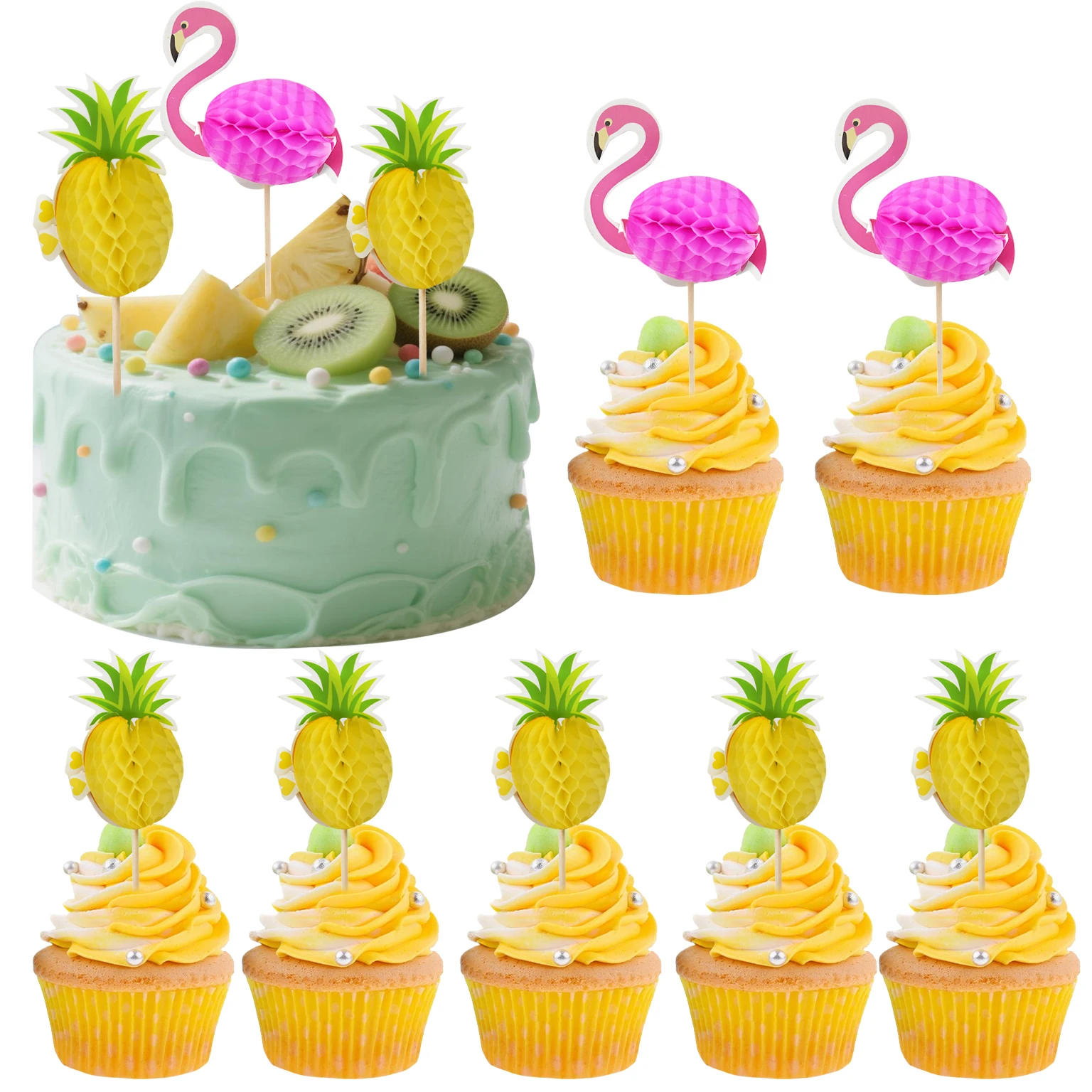 20–25 Stück hawaiianische Cupcake-Topper, 3D-Flamingo-Ananas, Palmblätter, Zahnstocher, tropischer Sommer, hawaiianischer Strand, Geburtstagsdekoration