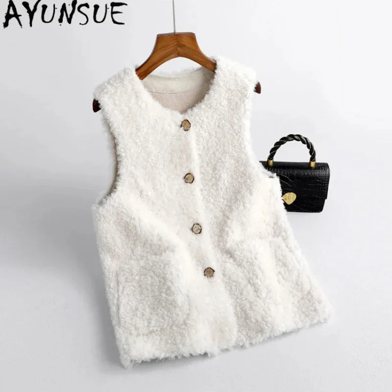 

100% AYUNSUE Wool Vest for Women Autumn Winter Casual Sheep Shearing Coat Sleeveless Coats and Jackets Jaqueta Feminina