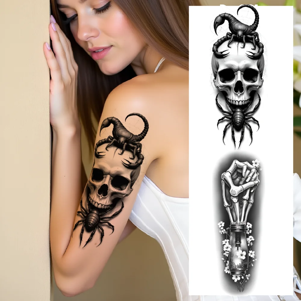 

3pcs Temporary Tattoo Skull With Bat Waterproof Long-lasting Body Stickers Dragon With Tentacles Skull With Scorpion For Arms