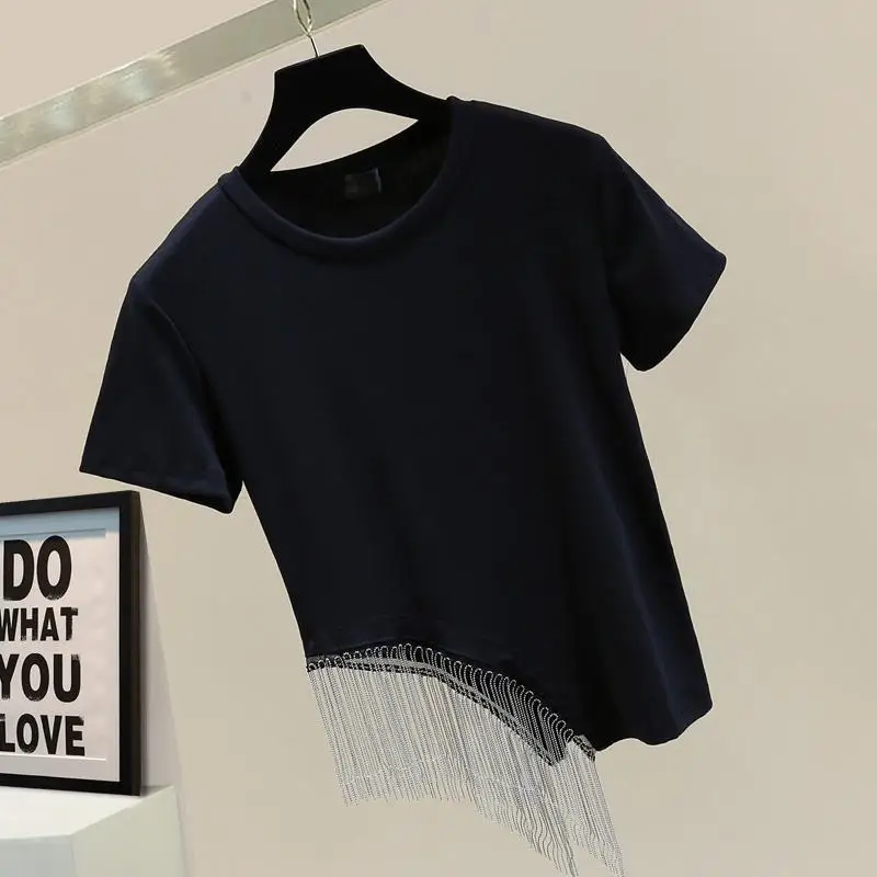 

2023 Summer Korean version slimming top design, personalized tassel bead elastic casual short sleeved T-shirt