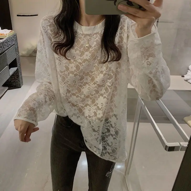 Women\'s 2024 Spring Summer New Fashion Commuti Round Neck Solid Color Loose Lace Versatile Gauze Hollow Out Poncho T-shirts Tops