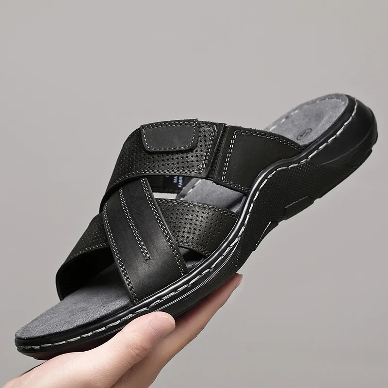 

Мужские дышащие тапочки первого слоя из воловьей кожи с открытым носком, уличная пляжная обувь, удобные нескользящие повседневные тапочки, подходят