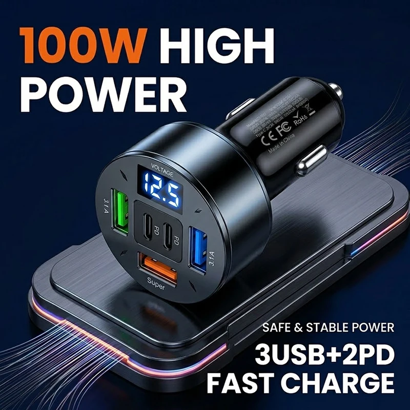 Carregador de Carro USB C de 100W com 5 Portas, Adaptador de Carregamento Rápido com Monitor de Voltagem LED, 3 Portas USB-A e 2 Portas PD para Dispositivos Android e iPhone