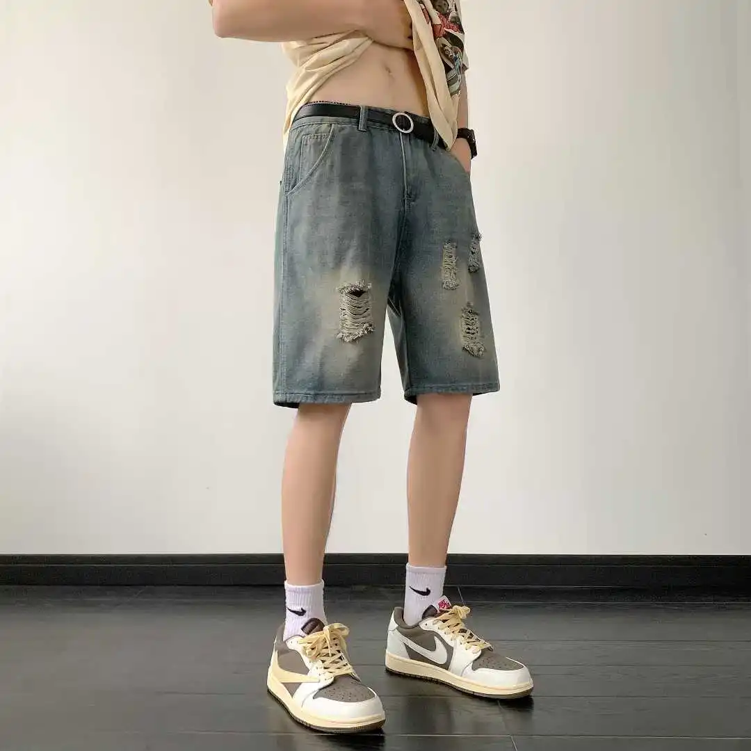 

Japanese Sle Loose Fit Thin Denim orts Men's Summer Faion Brand Ripped Hole Design Vintage mid Waist Straight Leg Jeans