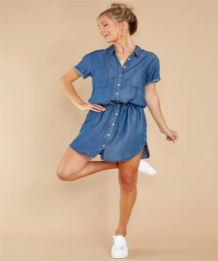قمصان جينز نسائية عصرية أمريكية جديدة بلون سادة وأزرق داكن وأكمام قصيرة سترات نسائية عصرية غير رسمية تنورة ملابس الشارع الشهير