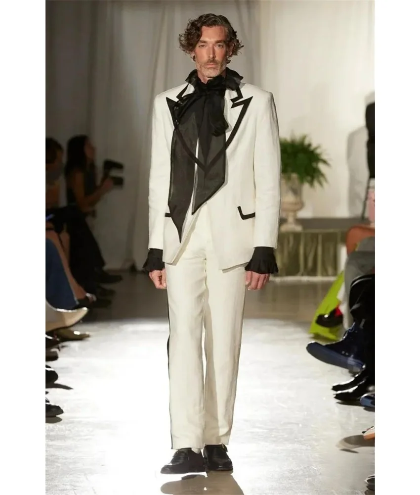 

Men's Temperament 2-Piece Suit Set, Elegant Wedding Prom Stage Wear with Black Contrast Trim (Blazer + Pants).