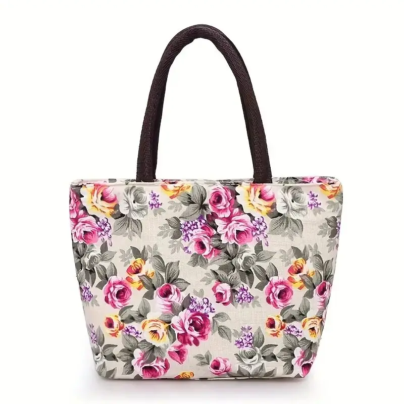 Mini Floral Print Handbag,Flower Embroidery Canvas Tote Bag, Ethnic Style Shoulder Bag, Large Capacity Handbag For Women