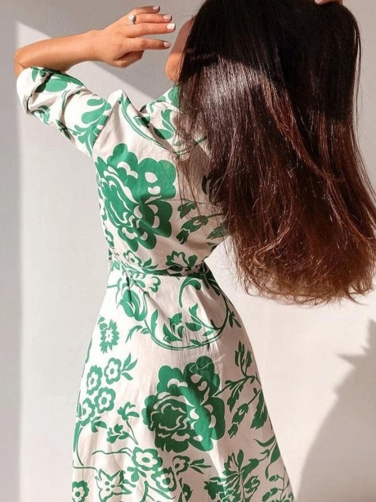 Novo elegante impresso floral solto camisa feminina vestido lapela estilo casual rendas até festa médio longo vestido botão cardigan roupas