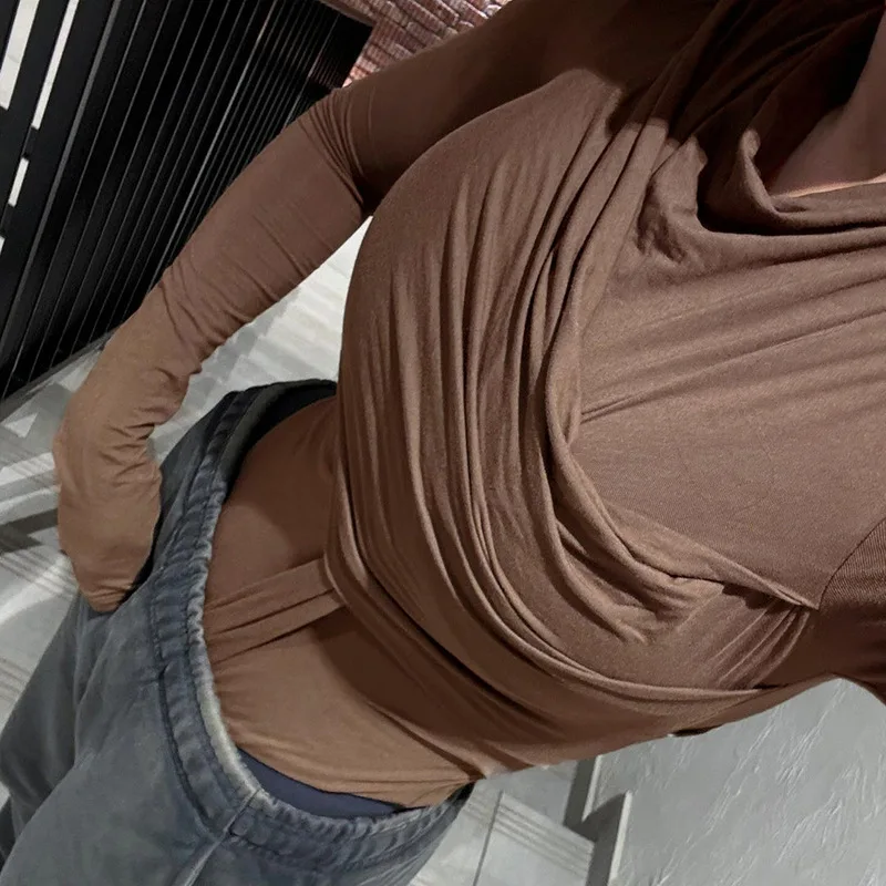 European and American street waste soil style solid color pleated onesie swing collar waist hot girl long sleeve base top