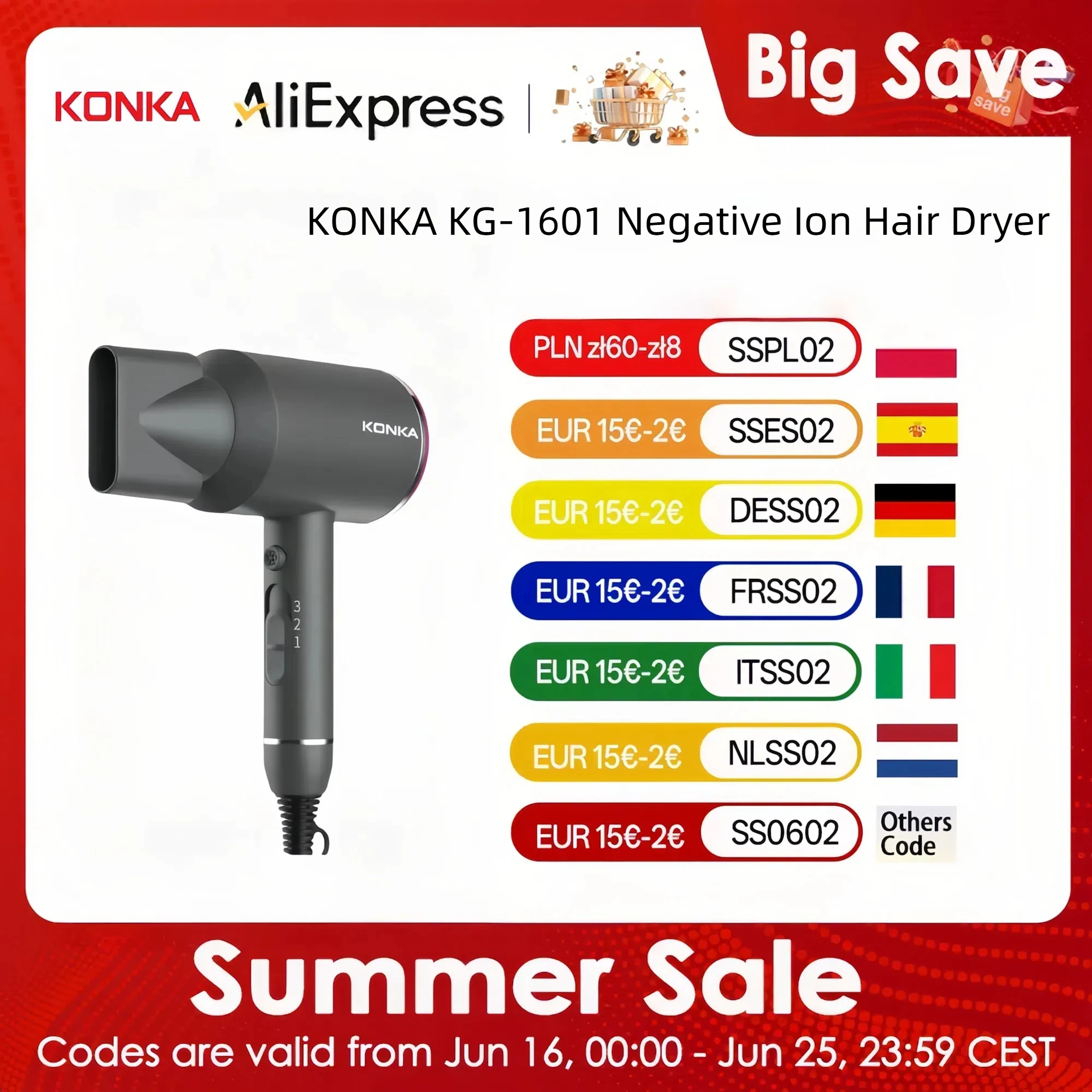 KONKA KG-1601 Negative Ion Hair Dryer  1600W 3 Heat & Speed Settings Anti-Frizz Detachable Filter Portable Hook Ultra light