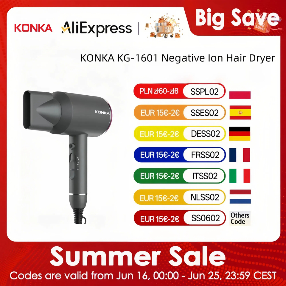 KONKA KG-1601 Negative Ion Hair Dryer 1600W 3 Heat & Speed Settings Anti-Frizz Detachable Filter Portable Hook Ultra light