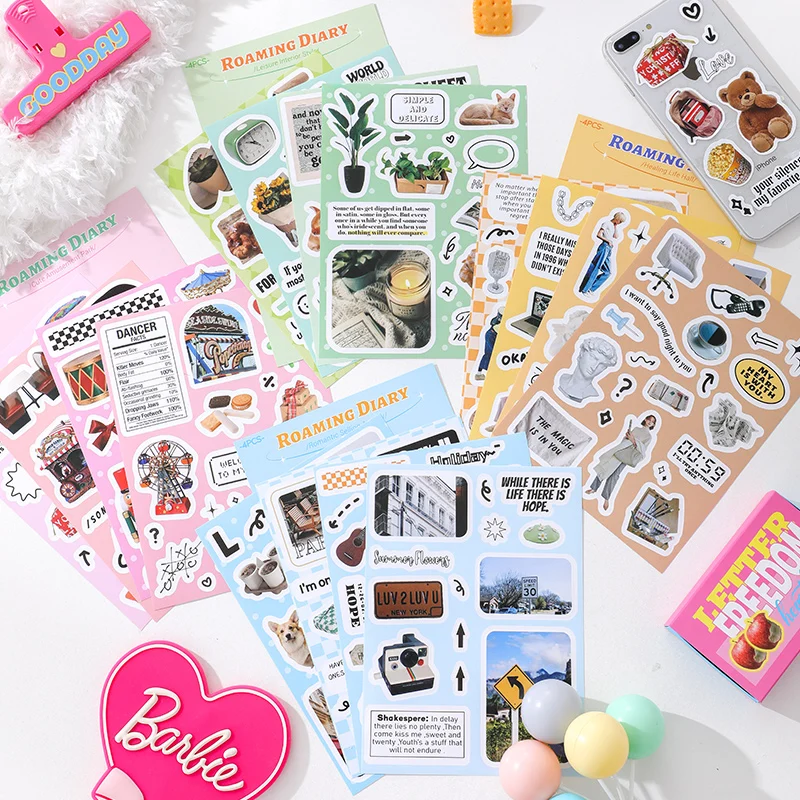 4Pcs Roaming Diary Stickers Decoration Scrapbooking DIY Material Album Journal Korean Stationery School Supplies