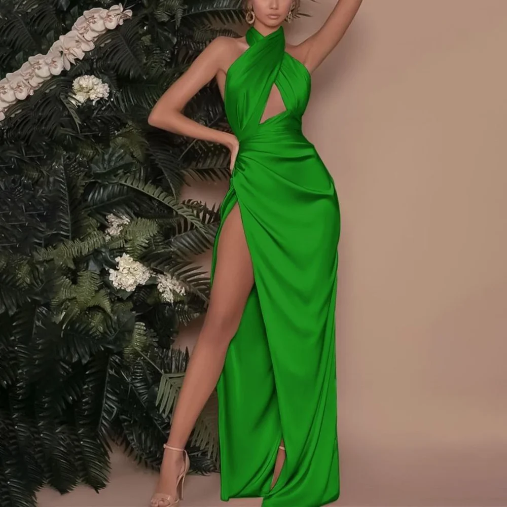 

Customized Fashion Demure Green Halter Evening Dresses 2025 Sleeveless Cut Out Prom Gowns High Side Split Mermaid Party Dress