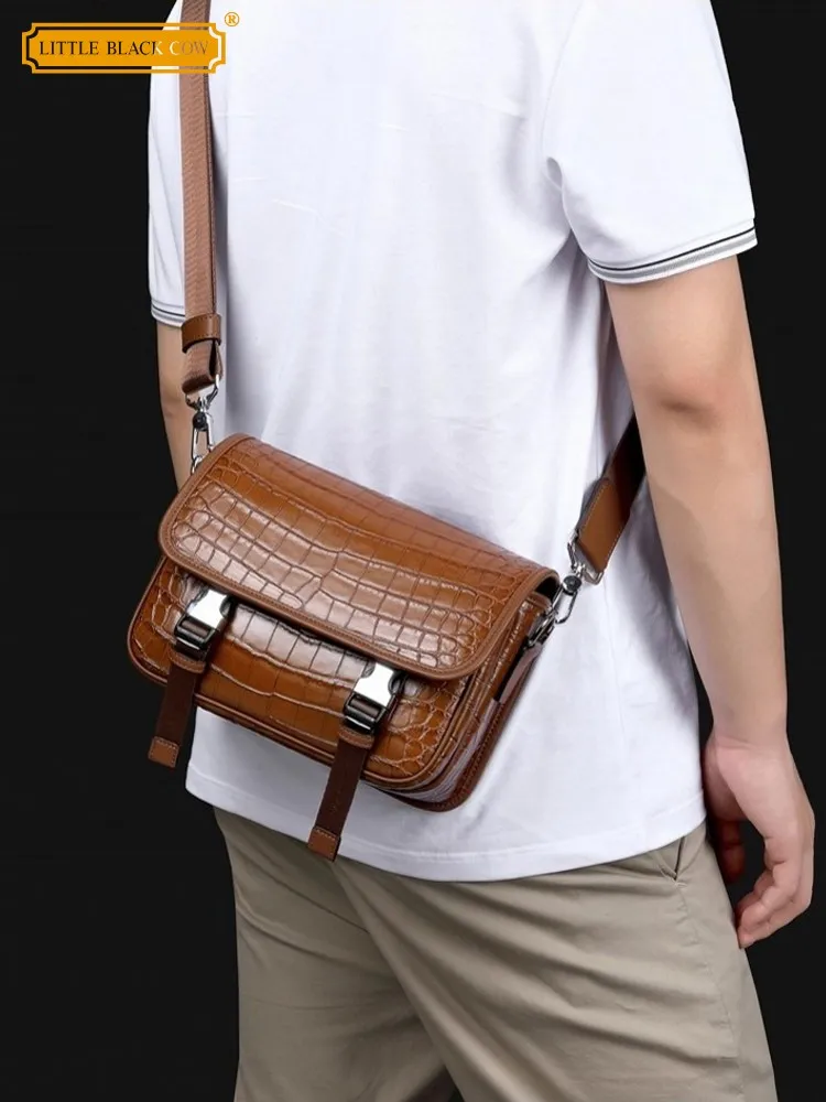 

Fashion Mens Retro Casual Small Pouch Flap Hasp Shoulder Handmade Strap Crocodile Skin Genuine Leather Crossbody Bag Handmade